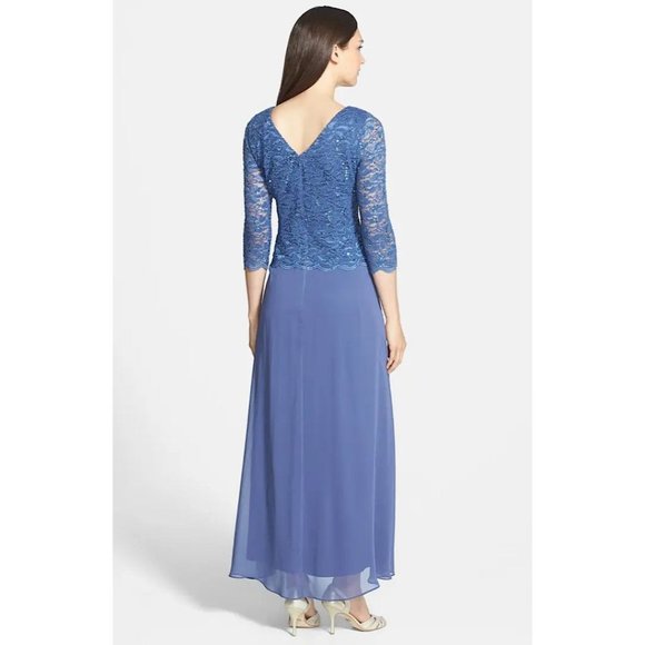 Alex Evenings Mock Two-Piece Sequin Chiffon Gown Lace Dress Wedgewood 12 - Picture 2 of 11